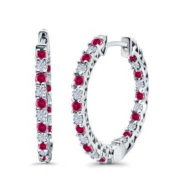 Huggie Hoop Earrings Round Simulated Ruby CZ 925 Sterling Silver (14mm)